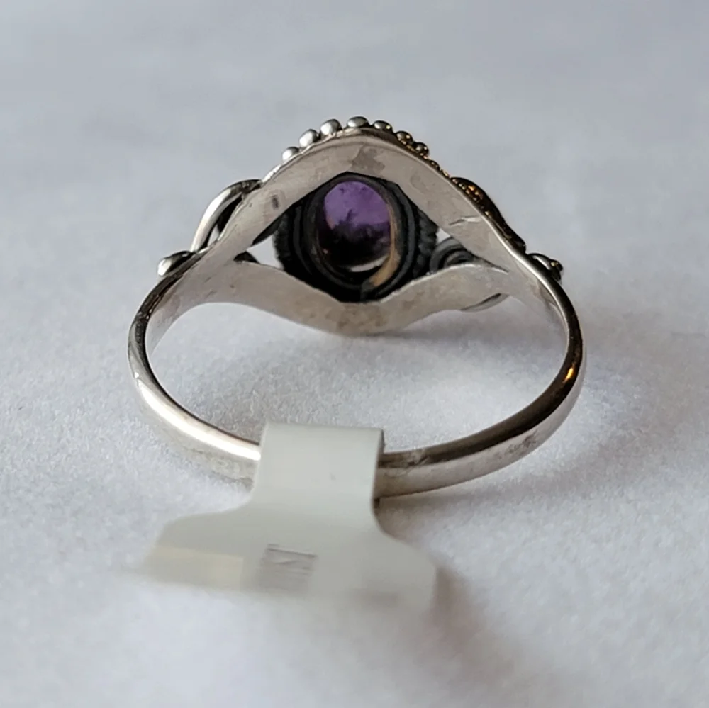 Amethyst Sterling Silver Dahlia Ring Oval Cabochon Filigree Crystal Gemstone